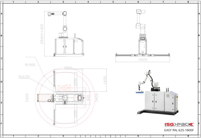 Rysunek techniczny i renderowany obraz robota paletyzującego cobot Easy-Pal 625-1900F, pokazujący widok z przodu, z boku i z góry z wymiarami i ramieniem robota zamontowanym na podstawie.