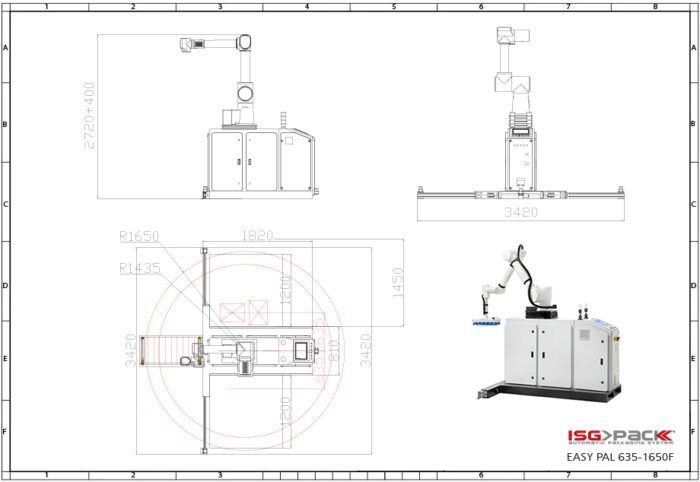 Rysunek techniczny systemu pakującego Robot paletyzujący cobot Easy-PAL 635-1650F z widokiem z przodu, z boku i z góry oraz z wymiarami; renderowany obraz oznaczony Easy-PAL 635-1650F pojawia się w prawym dolnym rogu.