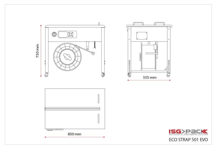 Rysunek techniczny Półautomatycznej bandownicy stołowej Eco Strap 501 EVO, pokazany z przodu, z boku i z góry, o wymiarach: wysokość 750 mm, szerokość 850 mm i głębokość 555 mm.