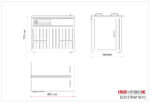Rysunek techniczny Półautomatyczna bandownica stołowa Eco Strap 501 C, pokazujący widok z przodu, z boku i z góry o wymiarach: 775 mm wysokości, 560 mm głębokości i 850 mm szerokości.