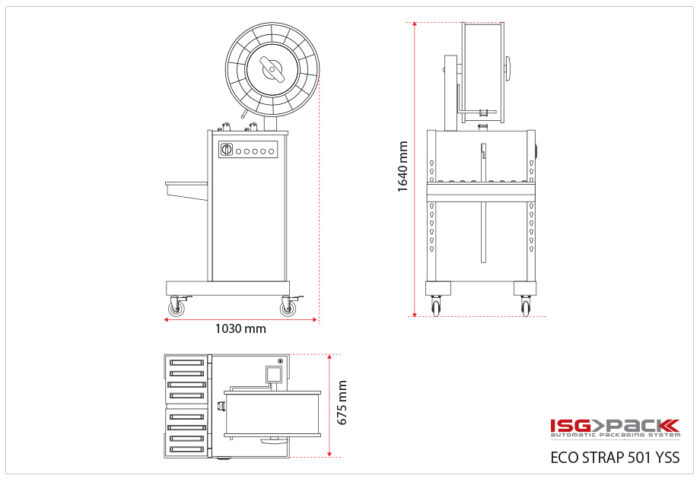Rysunek techniczny Półautomatycznej bandownicy stołowej Eco Strap 501 YSS, przedstawiający widok z przodu, z boku i z góry o wymiarach: 1640 mm wysokości, 1030 mm szerokości i 675 mm głębokości. Logo ISG PACK w prawym dolnym rogu.