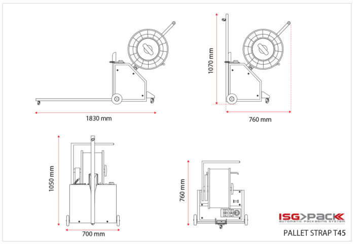 Rysunek techniczny Półautomatycznej bandownicy do palet Pallet Strap T45 z widokiem z przodu, z boku i z góry, pokazujący wymiary: 1830 mm długości, 1070 mm wysokości, 760 mm szerokości i 700 mm głębokości.