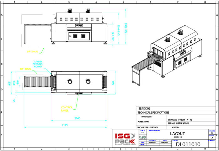 Rysunek techniczny Tunel obkurczający S 55 DC HS pokazuje widoki z góry, z boku, izometryczny z wymiarami. Etykiety oznaczają panel sterowania, moc podajnika tunelowego, opcjonalne przystawki. Tabela specyfikacji znajduje się w prawym dolnym rogu.