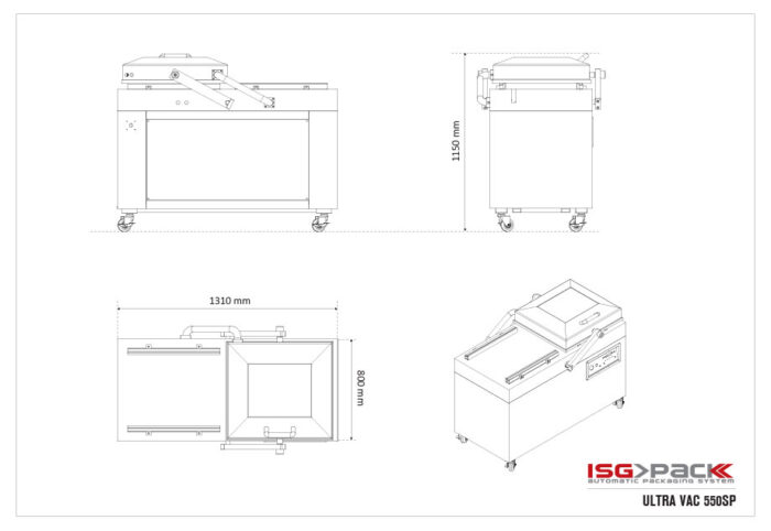 Rysunek techniczny Komorowej pakowarki próżniowej Ultra Vac 550 SP z widokiem przednim, bocznym, górnym i izometrycznym z oznaczonymi wymiarami i logo ISG Pack w rogu.