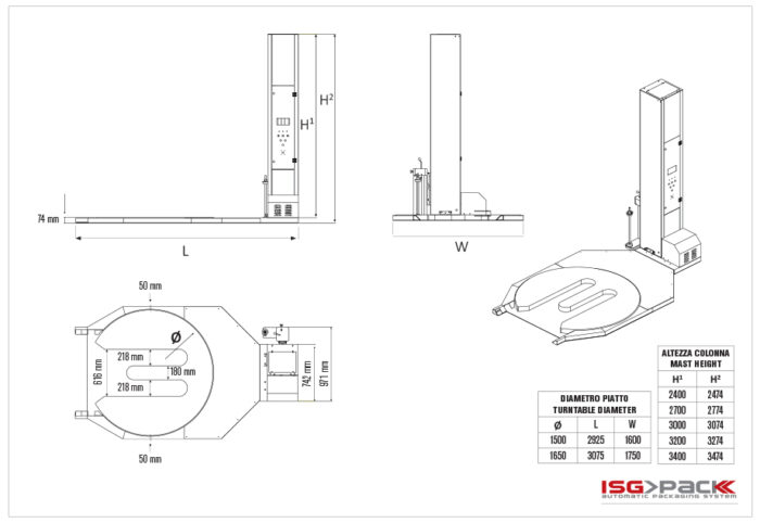 Rysunek techniczny palety Owijarka Easy Wrap 2000 BW SS, przedstawiający widok z boku, z góry i z przodu, szczegółowe wymiary, tabelę wymiarów oraz logo ISG PACK w prawym dolnym rogu.