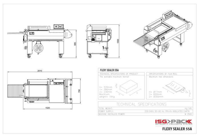 Rysunek techniczny półautomatycznej zgrzewarki kątowej Flexy Sealer 55A, przedstawiający widok z przodu, z boku i z góry wraz z wymiarami, danymi technicznymi i logo firmy w prawym dolnym rogu.