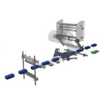 Ilustracja 3D automatu pakującego poziomy FLOWPACK SI550S: przenośnik przesuwa niebieskie pudełka pod rolkami i folią do automatycznego owijania, ze strzałką wskazującą kierunek ruchu.