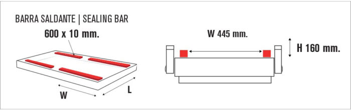 Schemat komorowej zgrzewarki próżniowej Ultra Vac 600 SA II przedstawia listwę zgrzewającą 600 x 10 mm (Barra Saldante) z czerwonymi paskami na tacy (szerokość 445 mm, wysokość 160 mm). Etykiety są w języku angielskim i hiszpańskim.
