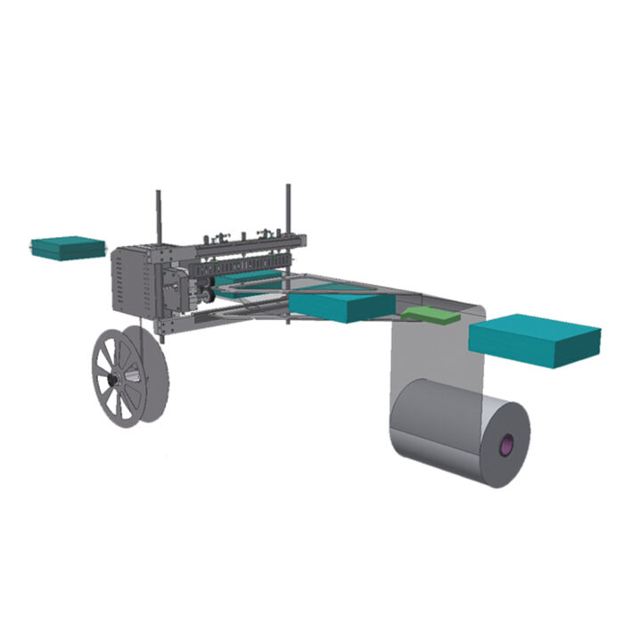 Ilustracja 3D Automatycznej zgrzewarki kątowej Ultra Sealer 70 HSS, przedstawiająca dużą rolkę materiału podającego, przetwarzającego i wyprowadzającego ułożone w stos prostokątne opakowania, z widocznymi przekładniami, kołami i elementami przenośnika.