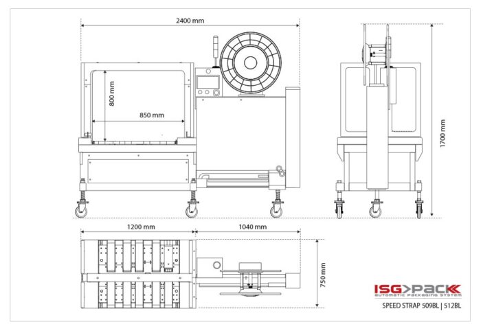 Rysunek techniczny Bandownicy ramowej PP Speed Strap 509BL/512BL (automatyczna wiązarka) z oznaczonymi widokami z przodu, z boku i z góry na kółkach. Logo ISG PACK i nazwa modelu znajdują się w prawym dolnym rogu.