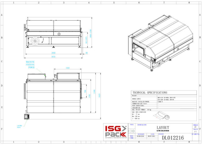 Rysunek techniczny automatycznej zgrzewarki kątowej Ultra Sealer 80 SM z widokiem przednim, bocznym i izometrycznym oraz wymiarami. Zawiera tabelę specyfikacji technicznych, logo ISG PACK i tytuł rysunku: LAYOUT.