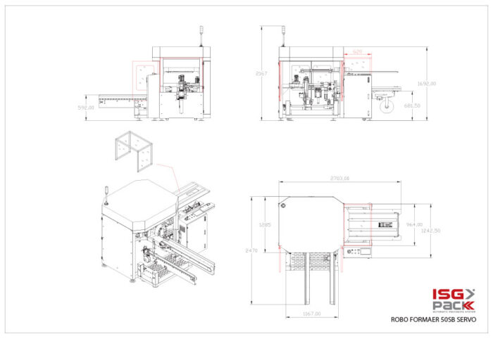 Rysunek techniczny Automatycznej formierki Robo Former 50 SB z widokiem bocznym, przednim, górnym i izometrycznym, oznaczonymi wymiarami, szczegółami mechanicznymi i logo ISG Pack w prawym dolnym rogu.