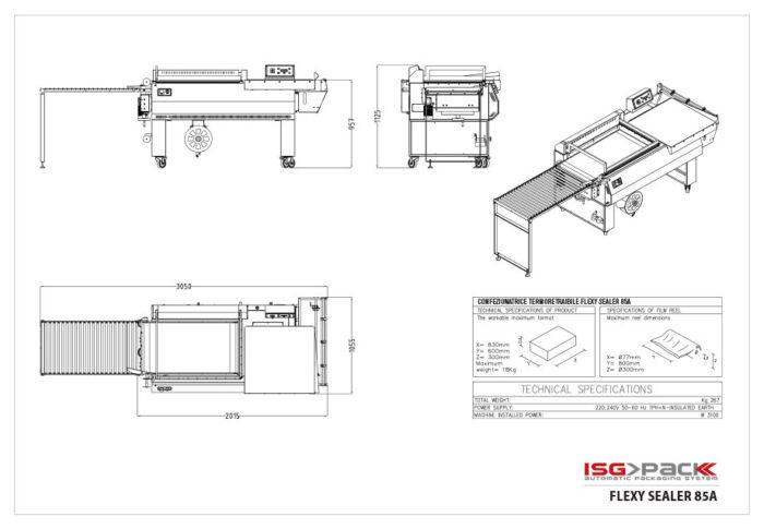 Rysunek techniczny Zgrzewarki kątowej Flexy Sealer 85A półautomatycznej, przedstawiający widok z góry, z boku i z przodu wraz z wymiarami, specyfikacją techniczną i logo firmy w prawym dolnym rogu.