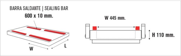 Schemat Komorowej pakowarki próżniowej Ultra Vac 600 SP II, pokazujący BARRA SALDANTE 600 x 10 mm (listwa uszczelniająca), szerokość 445 mm, wysokość 110 mm. Miejsca uszczelnienia są zaznaczone na czerwono na widokach z boku i z góry.
