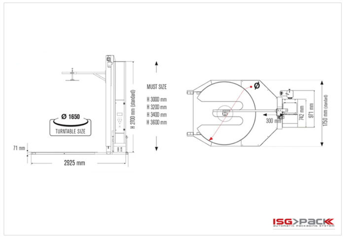 Rysunek techniczny palety Easy Wrap 2000 A WC firmy Owijarka pokazujący widok z boku i z góry z oznaczonymi wymiarami, w tym średnicą stołu obrotowego 1650 mm. Zaznaczono całkowitą szerokość i wysokość. Logo ISG PACK znajduje się w prawym dolnym rogu.
