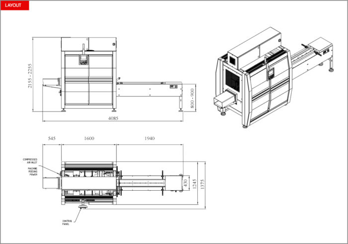 Rysunek techniczny maszyny Automatyczna pakowarka flow-pack SR550 z widokiem z góry, z boku i izometrycznym pokazującym oznaczone wymiary w milimetrach. Funkcje obejmują panel sterowania, przenośnik i wlot sprężonego powietrza.