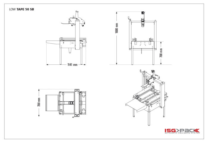 Rysunek techniczny Półautomatyczna zaklejarka Low Tape 50 SB, z widokiem z przodu, z boku i z góry z dokładnymi wymiarami. Logo ISG Pack jest wyświetlane w prawym dolnym rogu.