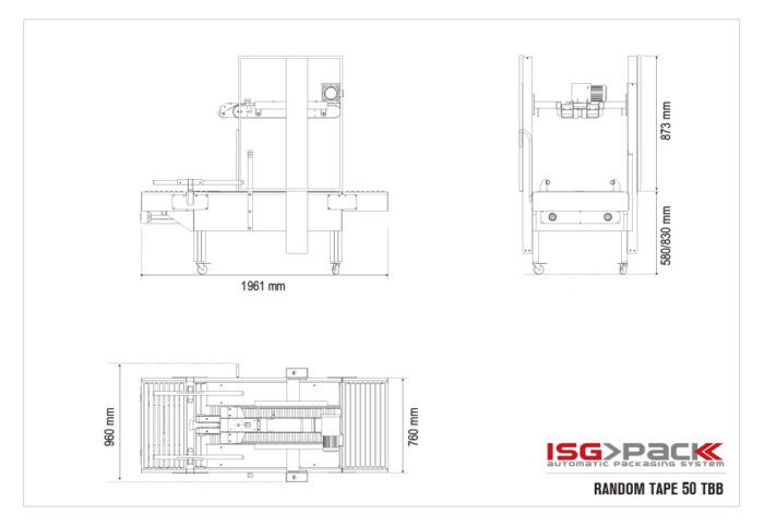 Rysunek techniczny Półautomatycznej zaklejarki Random Tape 50 TBB przedstawia widok z przodu, z boku i z góry z wymiarami w milimetrach; logo ISG PACK jest widoczne w prawym dolnym rogu.