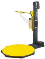 Półautomatyczna owijarka palet OneWrapArm charakteryzuje się żółto-czarnym designem z okrągłą platformą i pionowym ramieniem do owijania palet, wyświetlającym markę Siat na pionowej kolumnie.