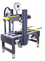 Półautomatyczna zaklejarka kartonów SIAT SR20 z żółto-szarymi rolkami i górnym dyspenserem taśmy, przeznaczona do zamykania kartonów w systemie taśmociągowym.