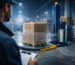 Pracownik trzymający schowek obserwuje paletę kartonów owijaną przez zautomatyzowaną owijarkę do palet w dużym magazynie. W tle półki z towarami podkreślają wydajny przepływ pracy w 2026 roku.