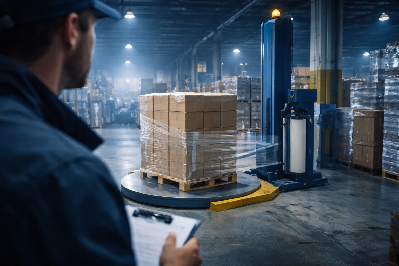 Pracownik trzymający schowek obserwuje paletę kartonów owijaną przez zautomatyzowaną owijarkę do palet w dużym magazynie. W tle półki z towarami podkreślają wydajny przepływ pracy w 2026 roku.