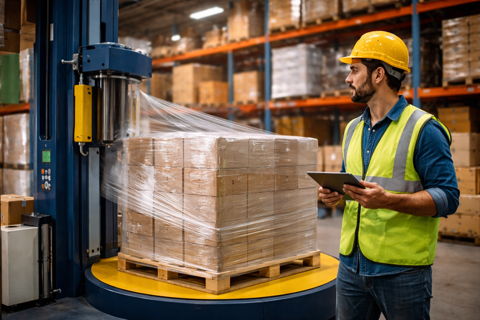 Pracownik w żółtym kasku i kamizelce ochronnej używa tabletu do nadzorowania Automatycznej Owijarki do Palet skutecznie owijającej folię wokół pudełek na palecie w magazynie. W tle widoczne są półki z kolejnymi pudełkami.