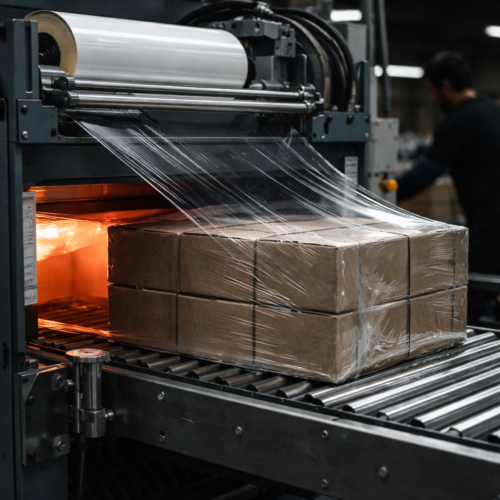 maszyna do pakowania folią termokurczliwą w akcji