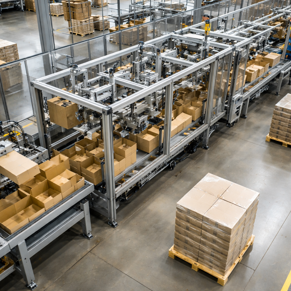 maszyna do pakowania kartonów w akcji na linii produkcyjnej